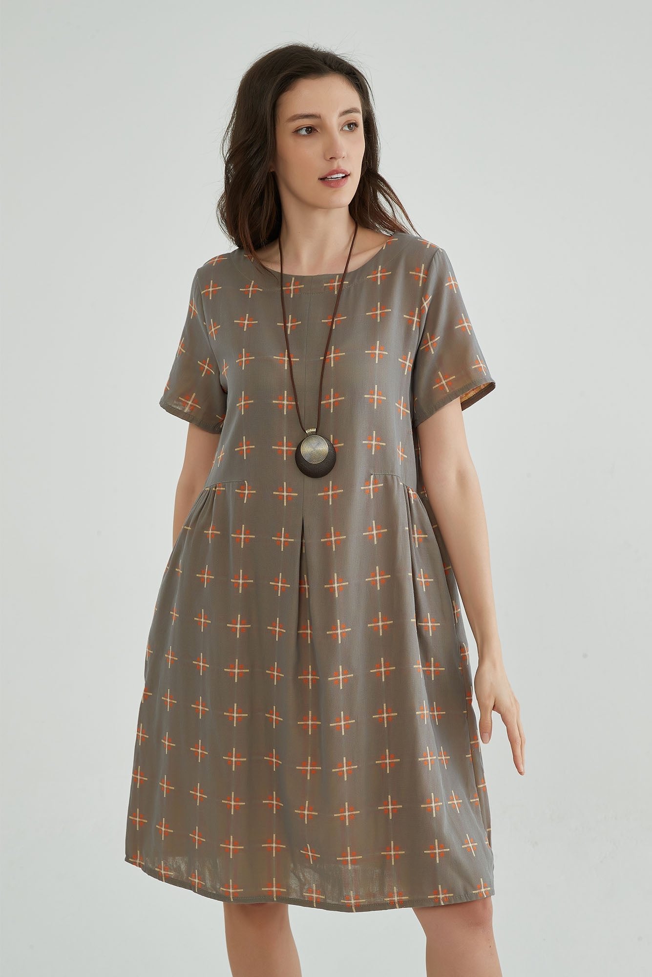 Brownish Gray A-Line Jacquard Gauze Dress - Whisper Mint
